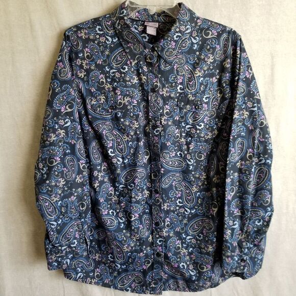 Laura‎ Scott Women's Shirt Size 16W/18W Blue Paisley Button Up Top Cotton Poly - Picture 1 of 14